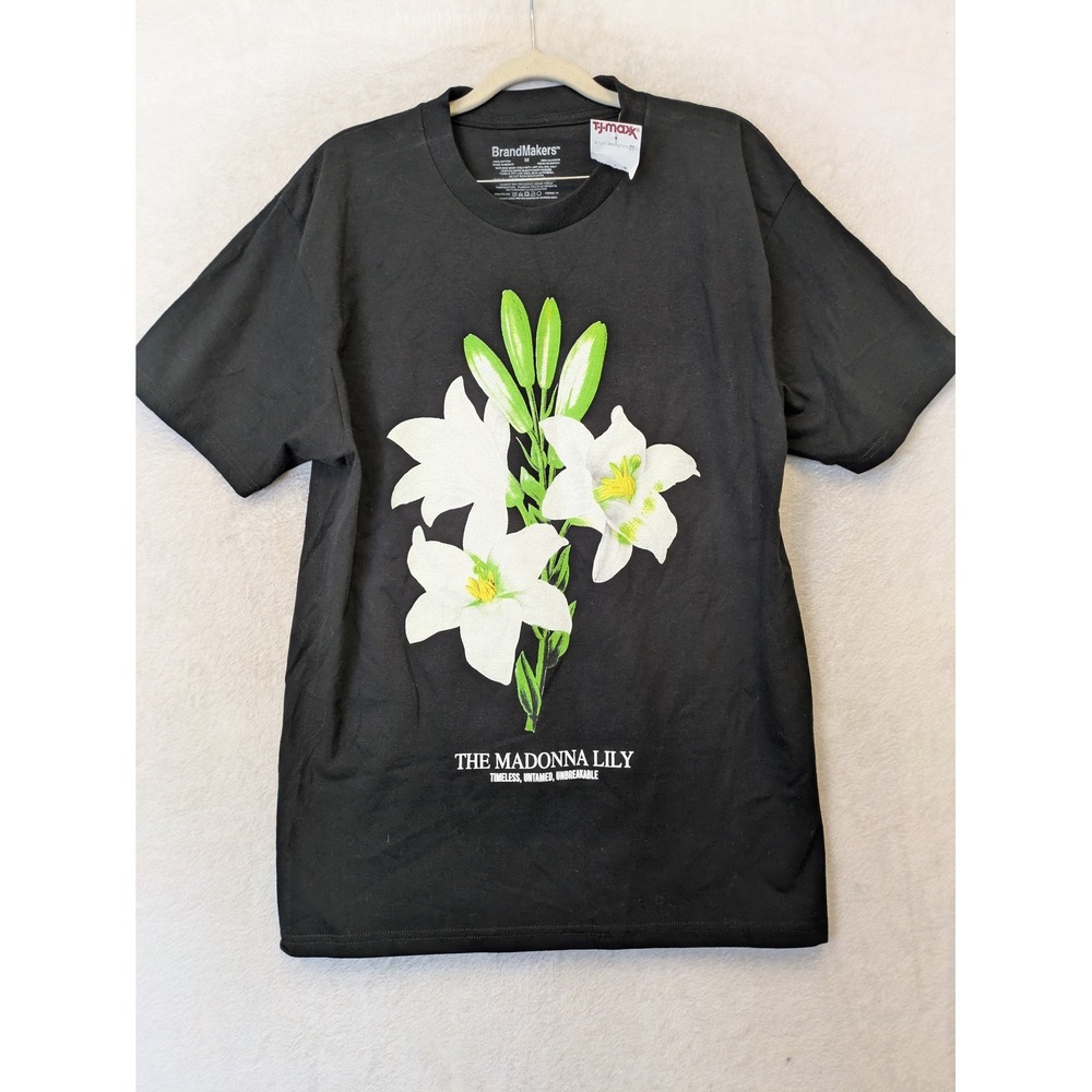 NEW BrandMakers Graphic T-Shirt Women's Medium Black Madonna Lily Floral Print